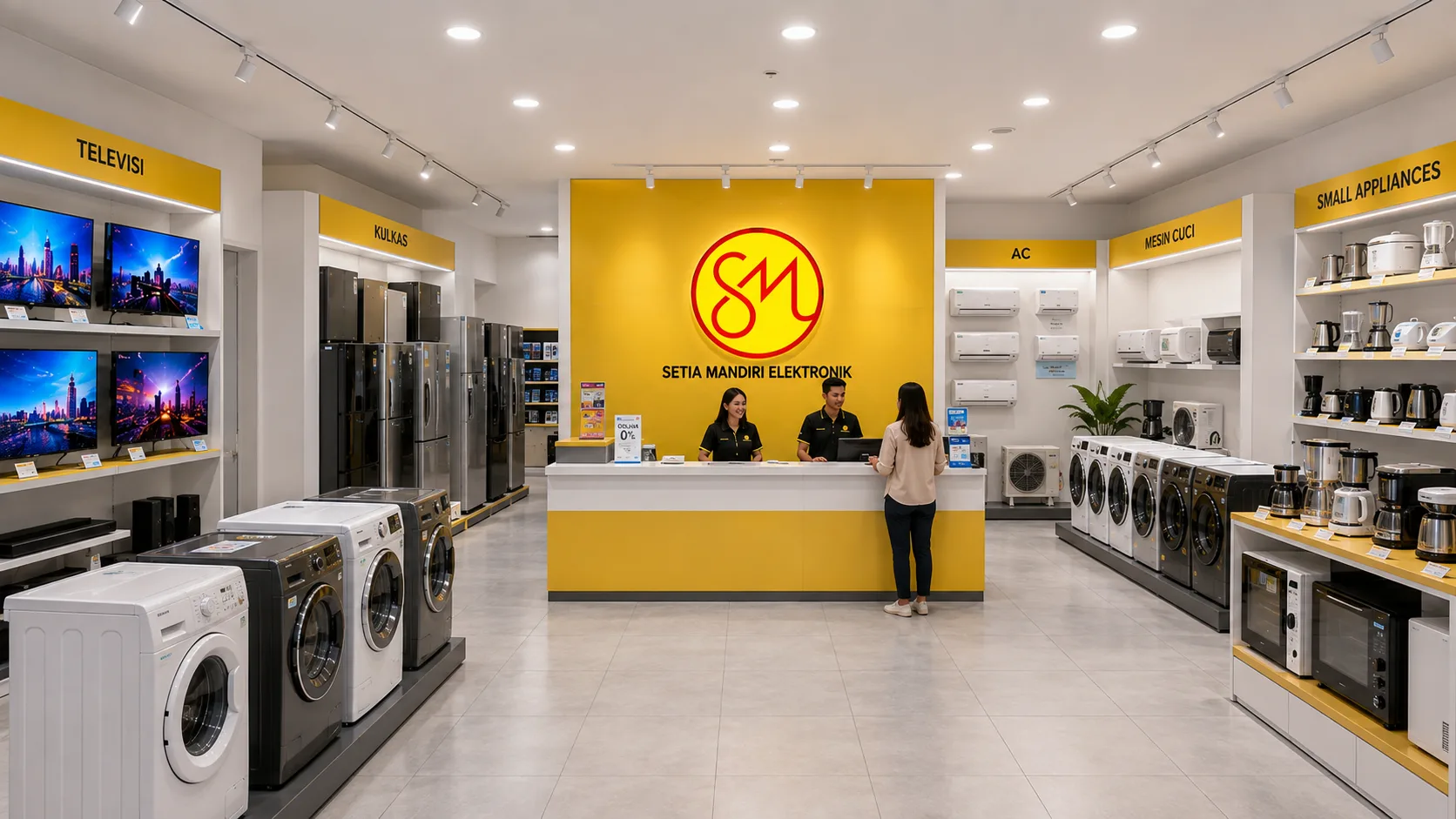 Showroom Setia Mandiri Elektronik berisi peralatan rumah tangga, televisi, dan rak gudang