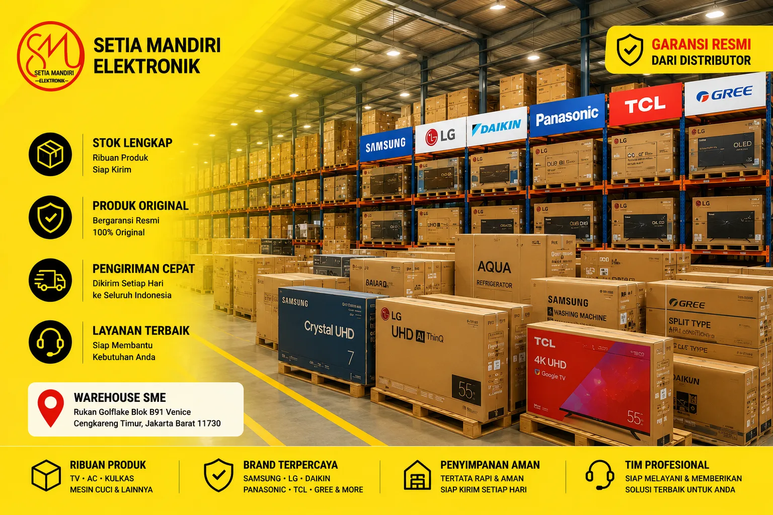 Showroom Setia Mandiri Elektronik dengan televisi dan peralatan rumah tangga
