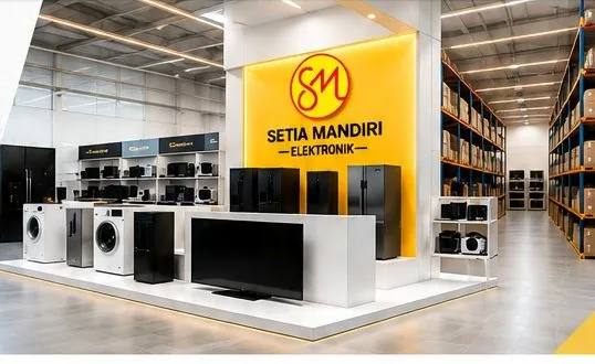 A showroom display of refrigerators, washing machines and televisions arranged in front of the Setia Mandiri Elektronik sign, with warehouse racking behind it.