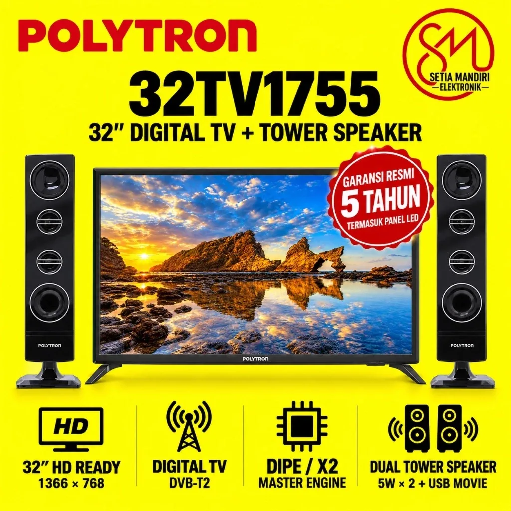 POLYTRON 32TV1755 + Speaker Tower - Cinemax Digital LED TV 32 inch PLD DVB-T2 [INSTANT]