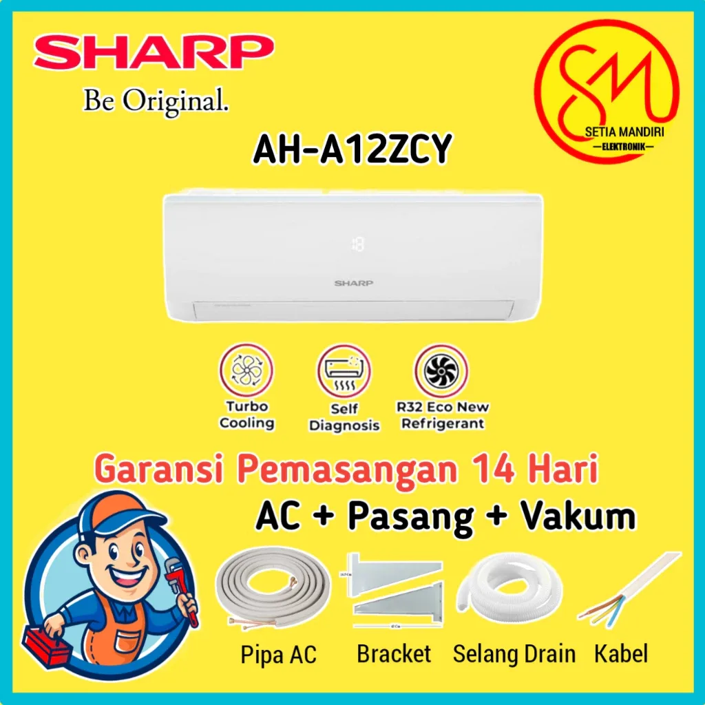 AC SHARP 1.5PK AH-A12ZCY AC Split 1.5 PK Standard + Pasang Pemasangan Material