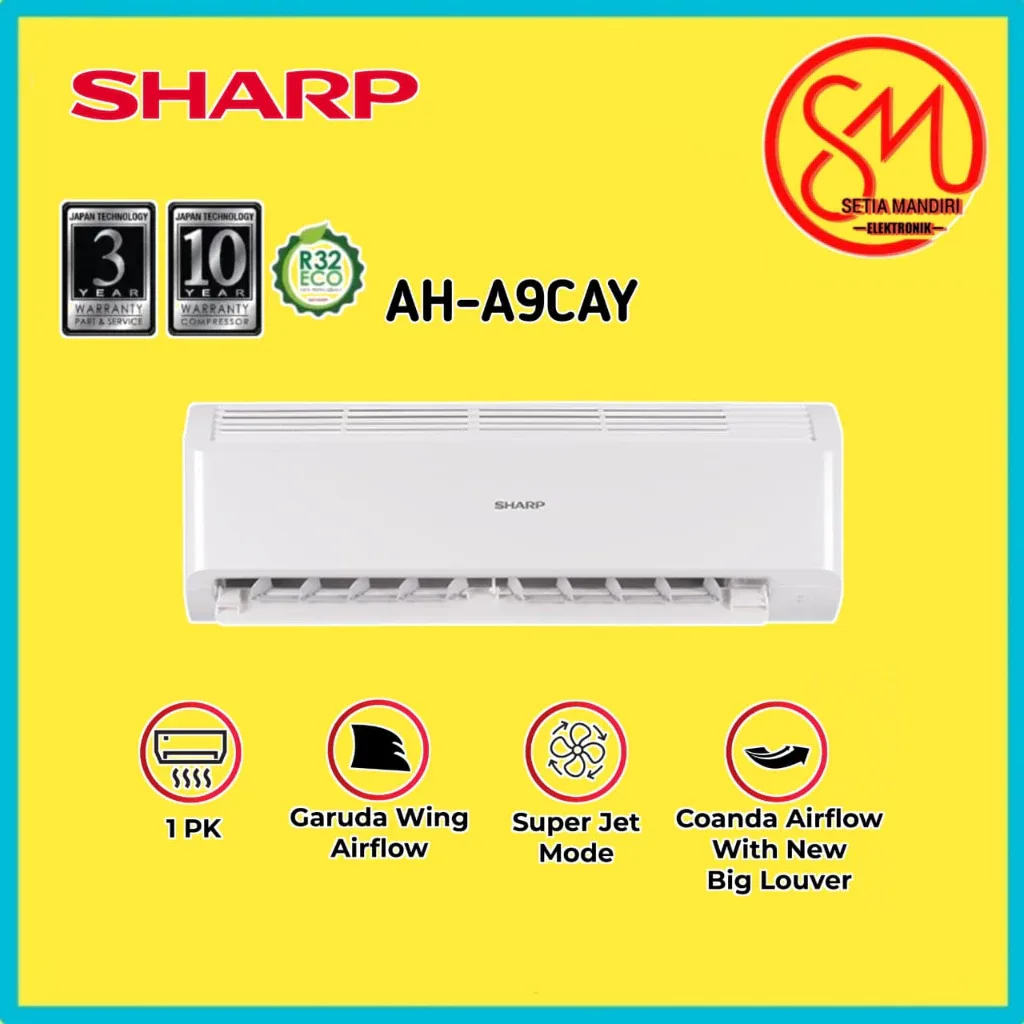 SHARP AC 1 PK AH-A9CAY CAY Series Standard Aluminum Condenser R32 Garuda Wing Airflow Super Jet Mode Sleep Mode Garan