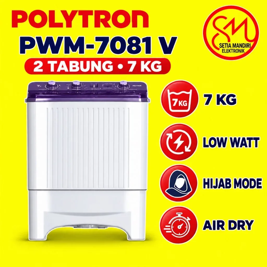 Mesin Cuci 2 Tabung POLYTRON PWM 8081 / 7081 Water Selector Hijab Series Cuci Pengering