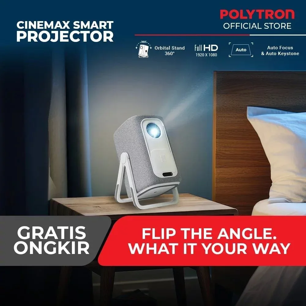 POLYTRON Smart Projector PLP 92LFA | FHD 1080P | 100" | Auto Focus & Auto Keystone | Orbital Stand 360°