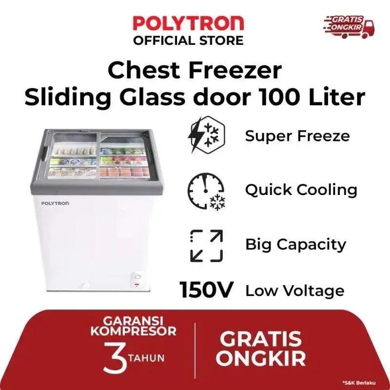 POLYTRON Chest Freezer Sliding Glass 100 liter PCF 129