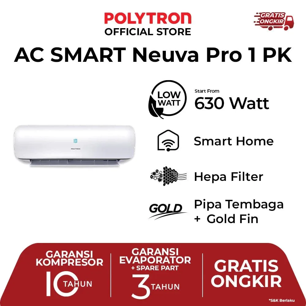 AC Polytron Smart Neuva Pro 1 PK PAC 09VZSI Air Conditioner WiFi Smart Home IoT 9000 BTU R32 Gold Fin HEPA Filter Hemat