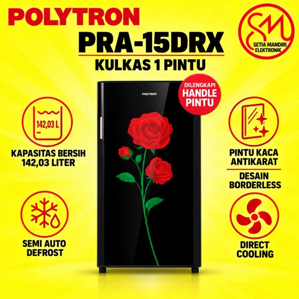 KULKAS 1 PINTU POLYTRON PRA-15DRX 15 DRX 15DRX 142 LITER SEMI DEFROST WITH HANDLE