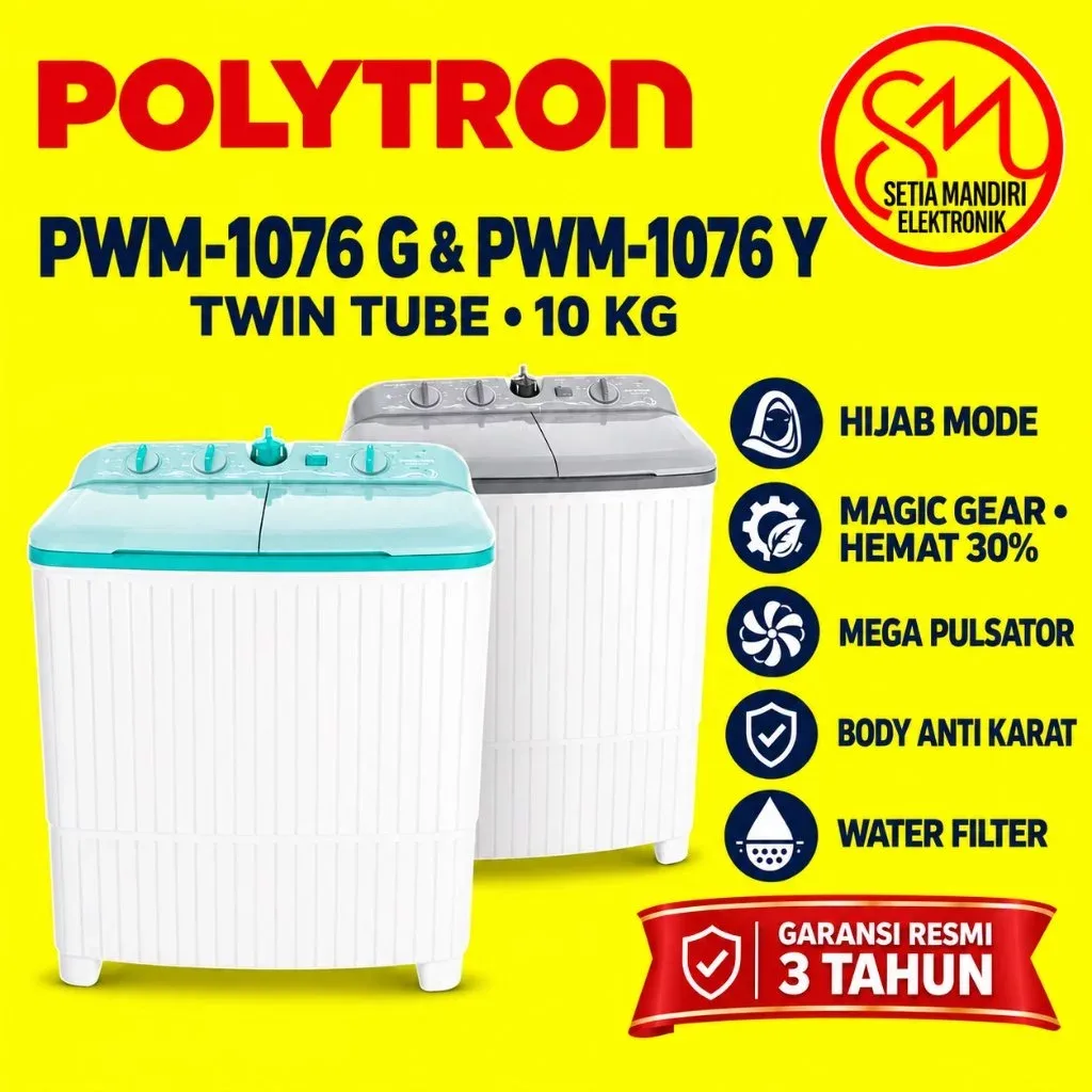 POLYTRON Mesin Cuci 2 Tabung Giant Series Hijab 10 KG - PWM 1076Y 1076G