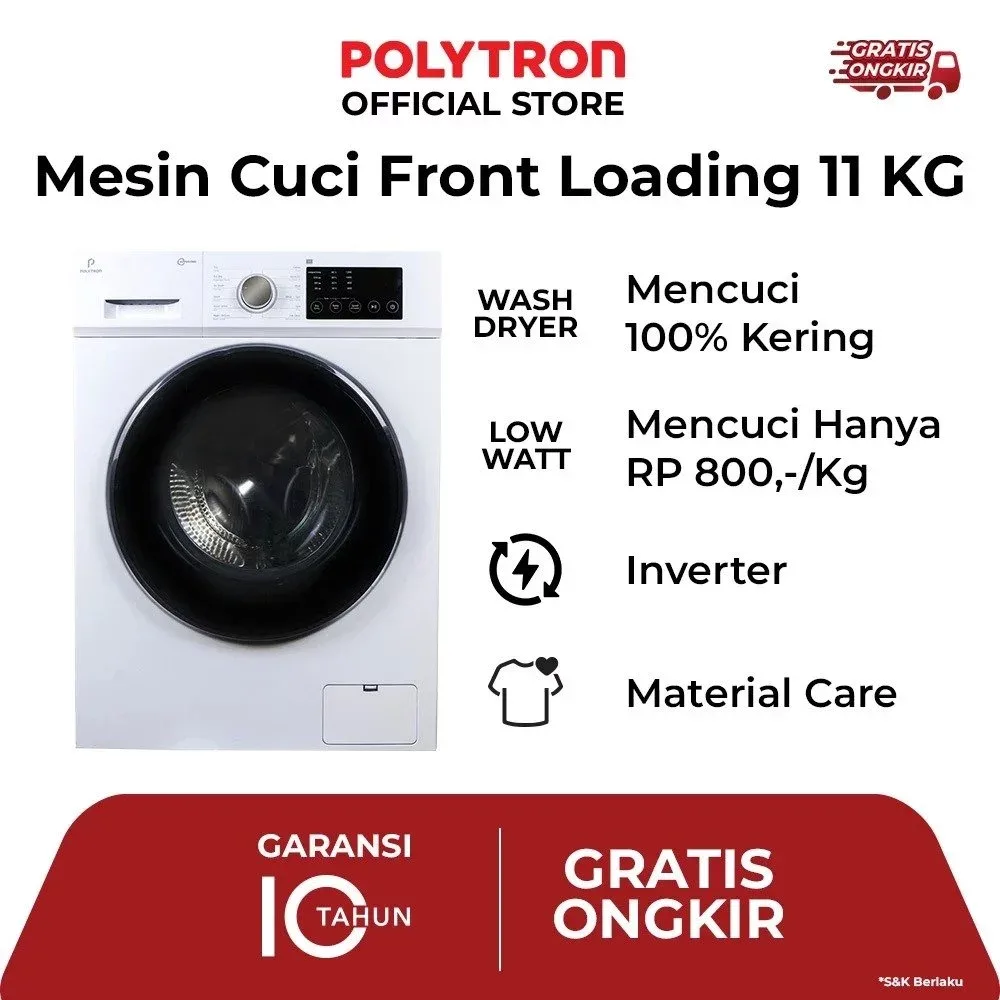POLYTRON Mesin Cuci Front Loading inverter 100% kering Wonderwash Washer Dryer 11 KG - PFL 1105H