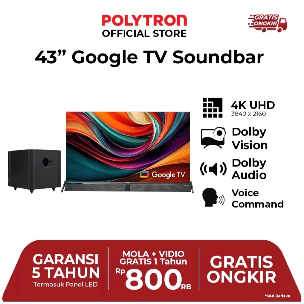 POLYTRON 4K UHD Smart Google TV 43 Inch PLD 43BUG5058 Dolby Vision + Soundbar & Soundwoofer