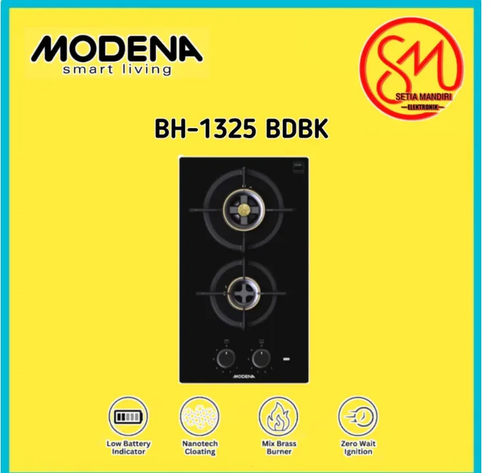 [Kargo] Modena BH 1325 BDBK Kompor Gas Tanam 30 cm 2 Tungku Mix Brass Zero Watt Ignition