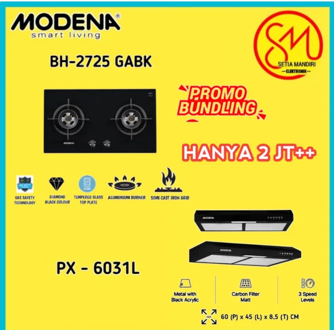 [Instant] MODENA BH 2725 GABK - Kompor Tanam 2 Tungku with Gas Safety Kaca Kompor Lifetime Warranty