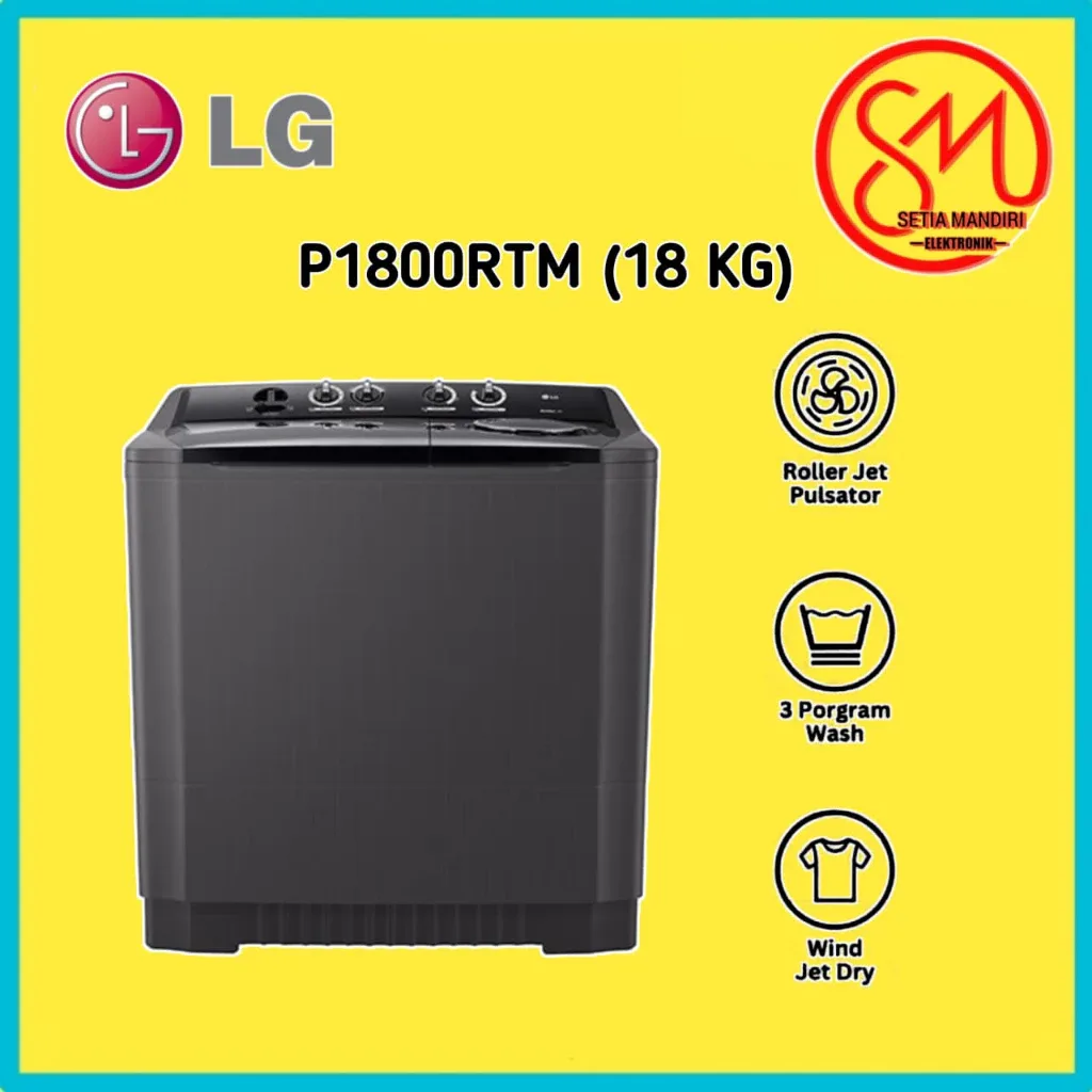 LG Mesin Cuci 2 Tabung Twin Tub 18Kg - 3 Program Pencucian - Roller Jet Pulsator - Hitam - P1800RTM