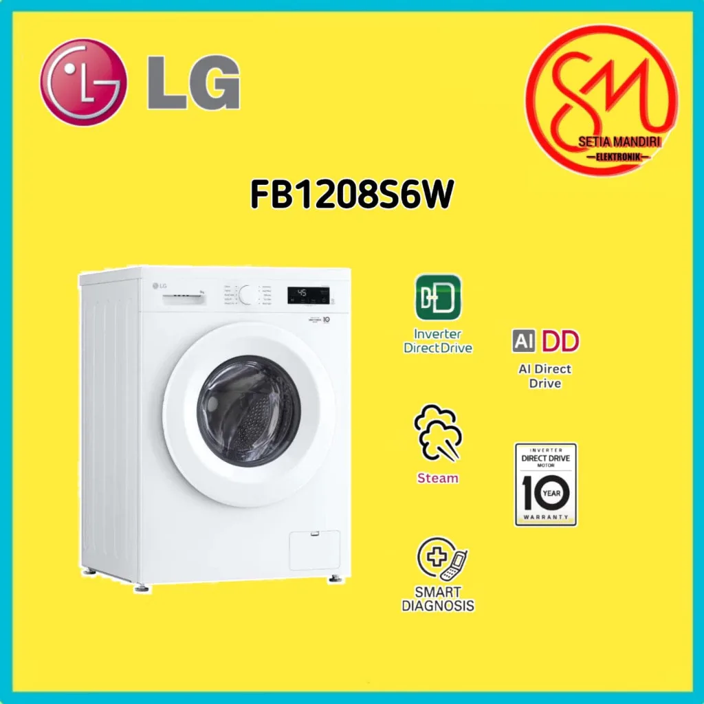 LG MESIN CUCI WASHING MACHINE 8KG Front Loading Hemat Daya Smart Diagnosis & Steam White FB1208S6W