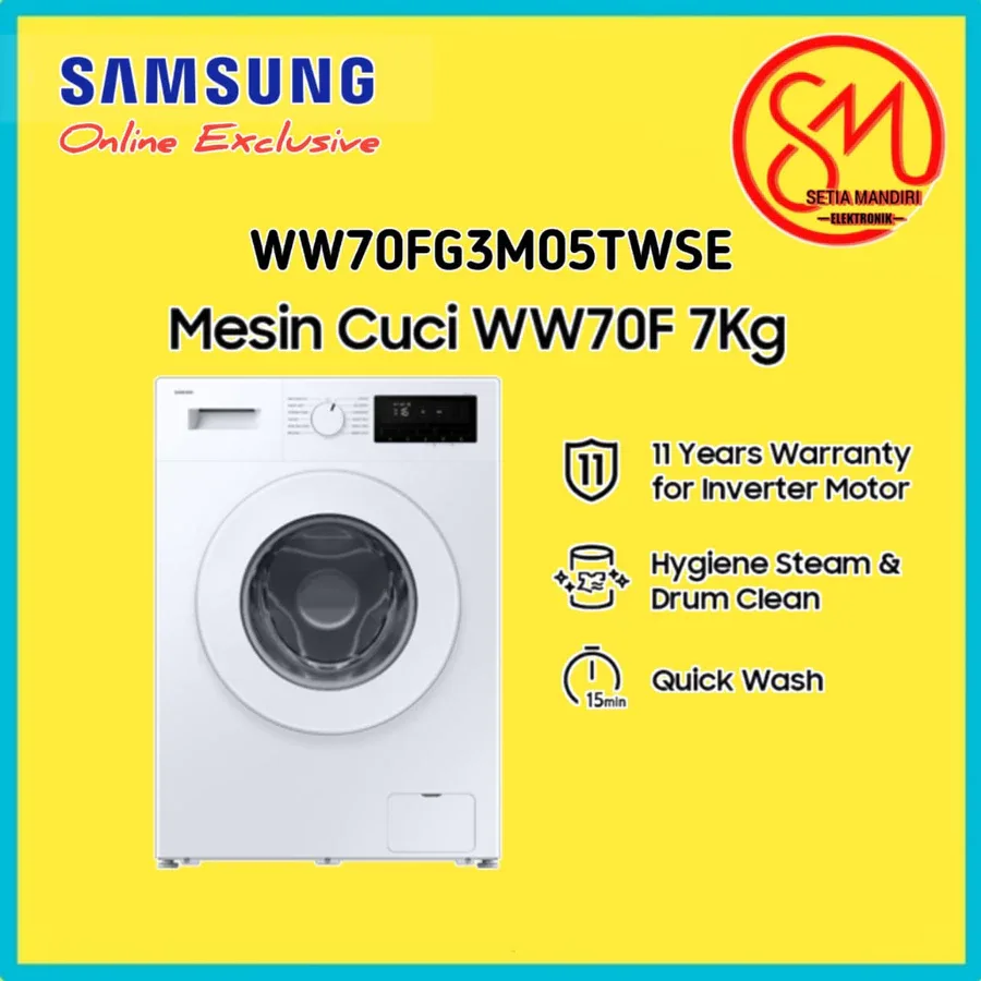 SAMSUNG Mesin Cuci Front Load WW70FG3M05TW 7 Kg Hygiene Steam Drum Clean Quick Wash 15 Menit Digital Inverter Motor Gara