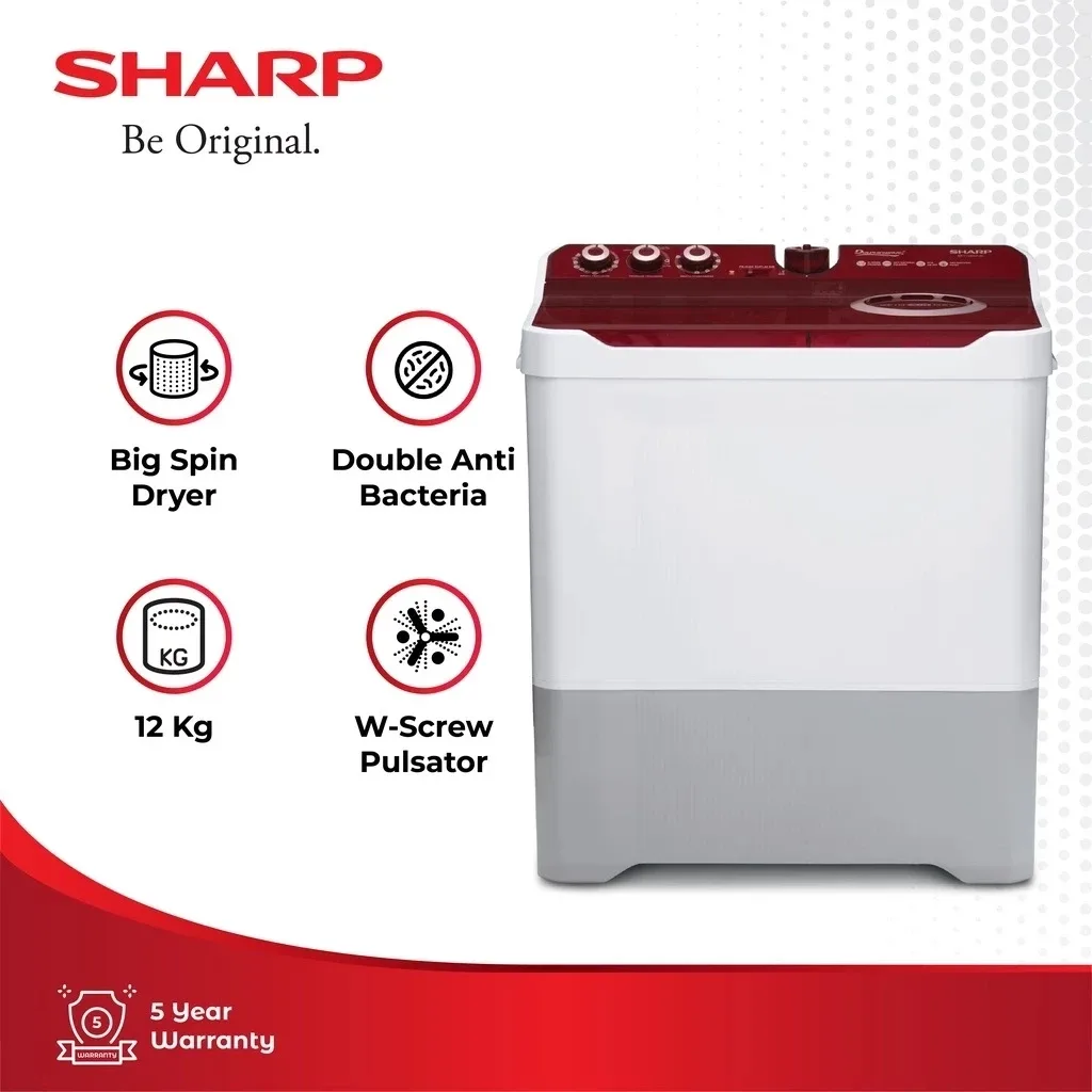 SHARP Mesin Cuci 2 Tabung 12 KG ES-T1290WA-BL-PK | 12kg Twin Tub Dolphinwave Series
