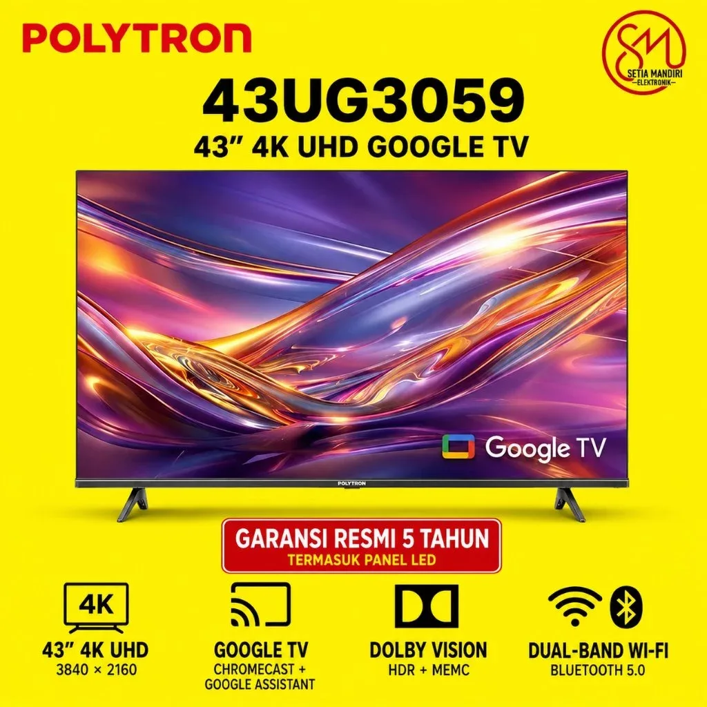 POLYTRON 4K UHD Smart Google TV 43 - 75 Inch PLD75UG5959 Free Mola Vidio 1 Tahun Garansi 5 Tahun ALL